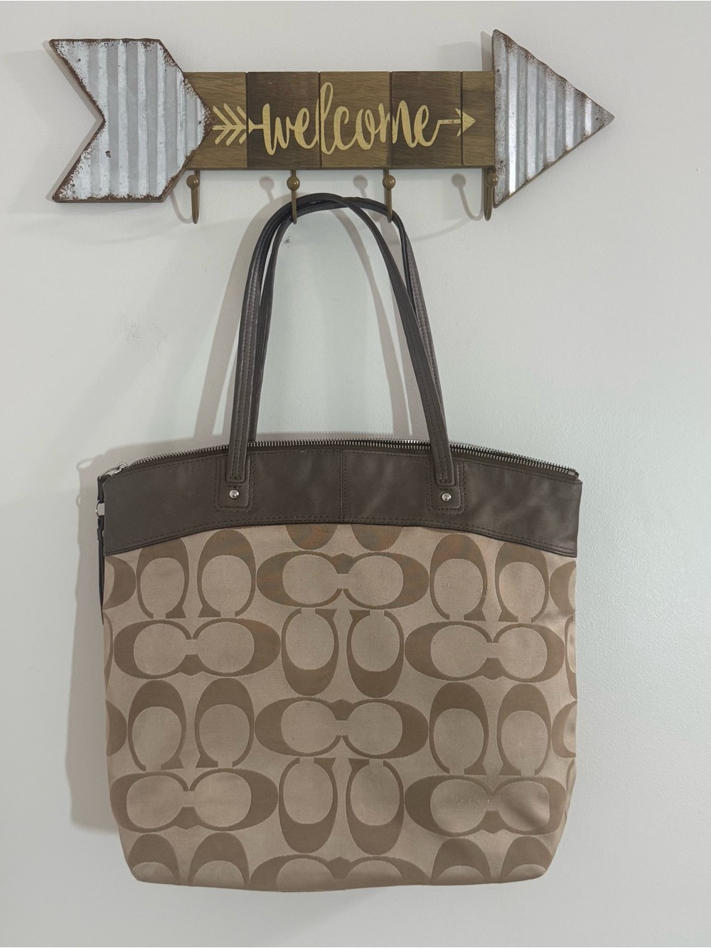 Coach Tan and Brown Signature Tote with Leather Trim - Picture 4 of 11